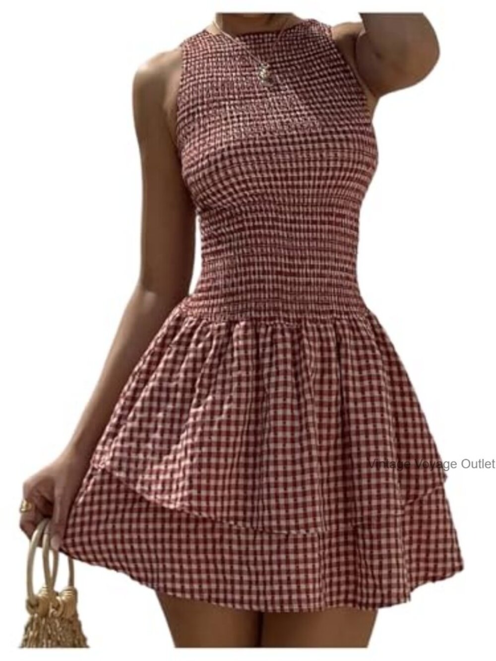 Gingham Mini Dress Sleeveless Ruffle Smocked A-Line Summer Tank Dress